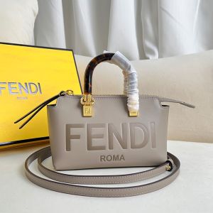 Fendi Mini By The Way Boston Bag In FENDI ROMA Embossed Calfskin Grey
