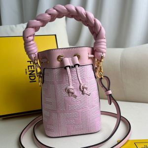 Fendi Mini Mon Tresor Bucket Bag with Woven Handle In FF Motif Canvas Pink