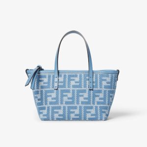 Fendi Mini Roll Shopper Bag In FF Jacquard and Striped Pequin Fabric Blue